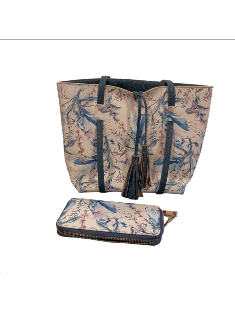 Floral Blue,Pink and Cream Tote Bag &Tassels with Wallet Or Clutch.